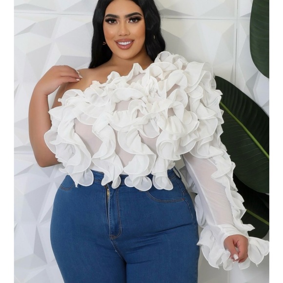 Chic White Ruffled One-Shoulder Top - Picture 1 of 3